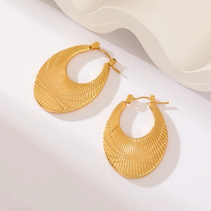 Brincos Aro com Superfície Plissada, Aço Inoxidável Dourado