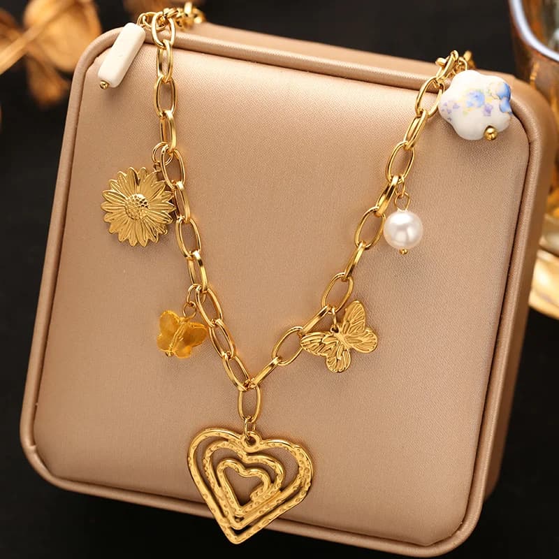 Stainless Steel Gold Turtle Flower Sun Pendant Necklace