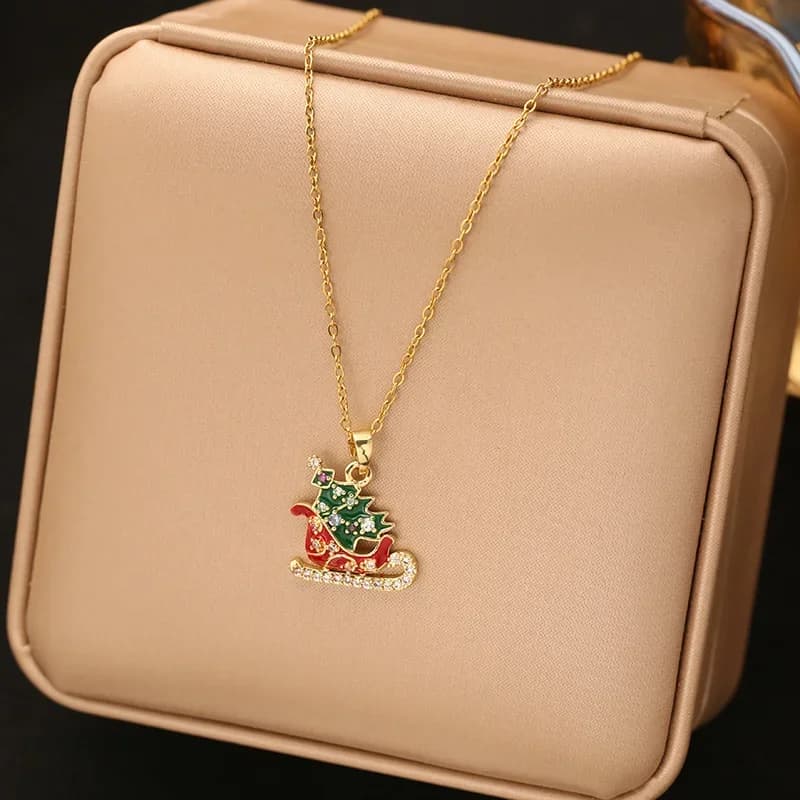 Enamel Christmas Sleigh Pendant Necklace