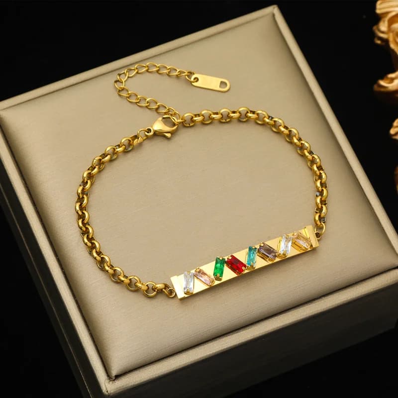 Pulseira de Aço Inoxidável Dourada com Zircônia em Camada Dupla