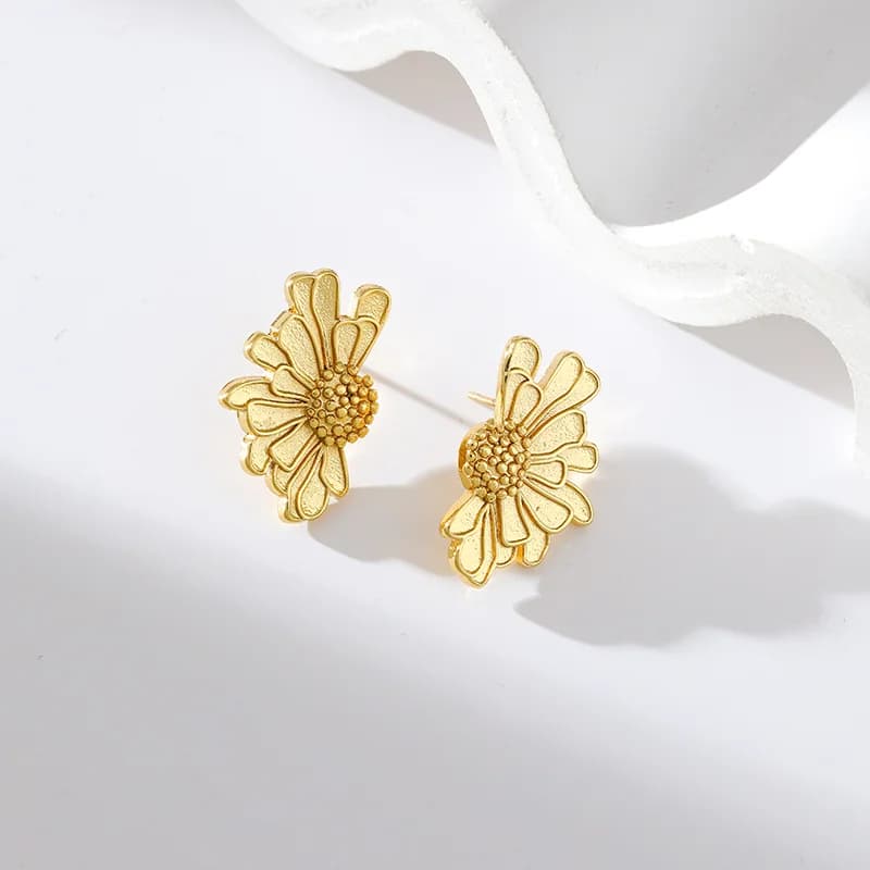 Gold Color Flower Plant Stud and Drop Earrings
