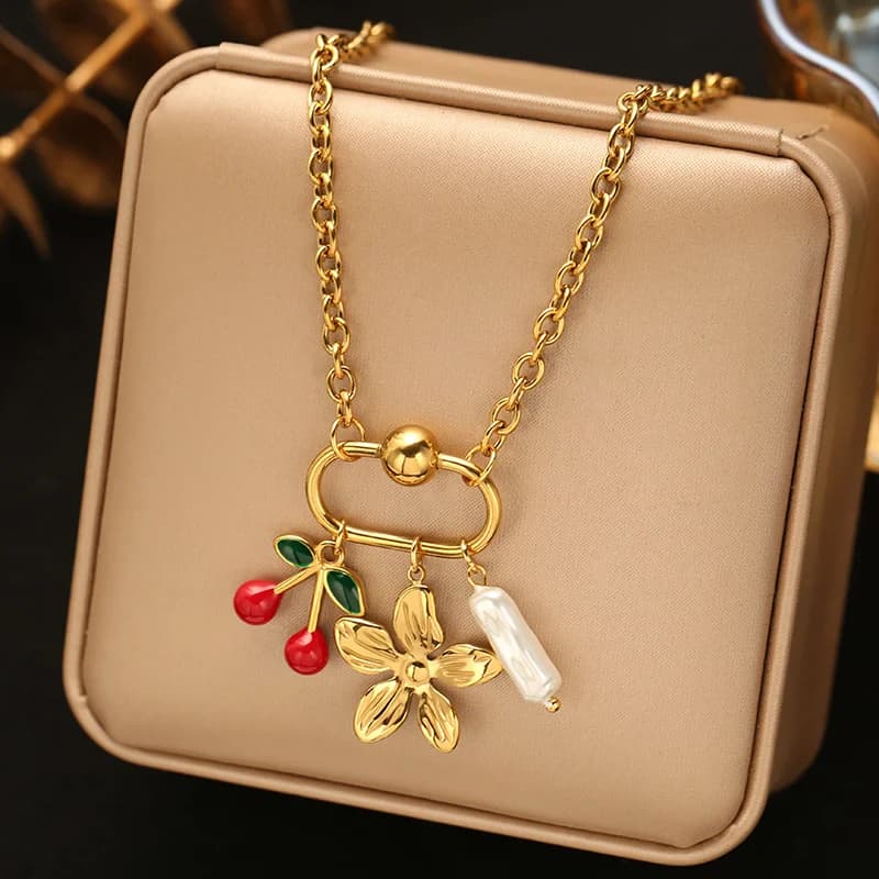 Flower Cherry Pearl Pendant Necklace