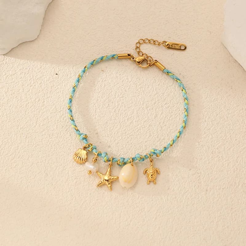 Starfish and Shell Charm Bracelet with Cord Chain