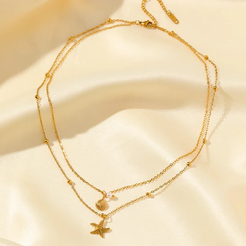 Conjunto de Colar e Brincos com Pingente de Estrela-do-Mar e Pérola