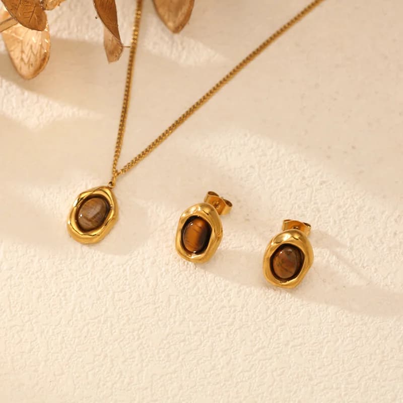 Conjunto de Colar com Pingente e Brincos com Pedras Marrom Vintage
