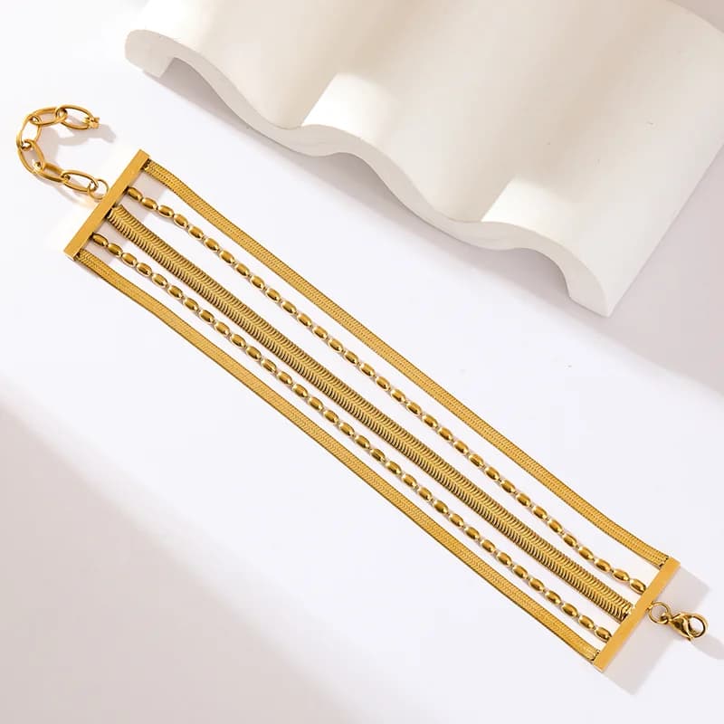 Pulseira Larga Multicamadas de Aço Inoxidável Dourado