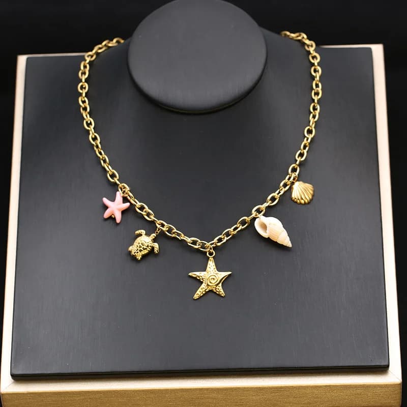 Gold Starfish Turtle Pendant Necklace