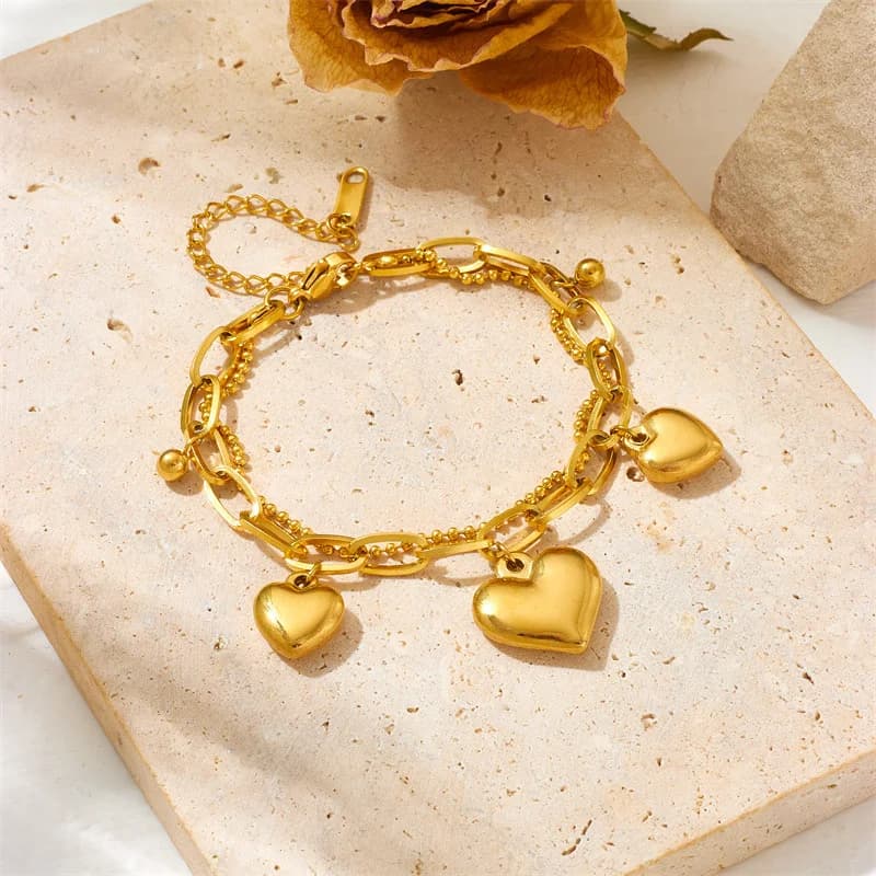 Pulseira de Corrente com Pingentes Estrela-do-Mar, Coração e Pérolas em Aço Inoxidável 316L Dourado