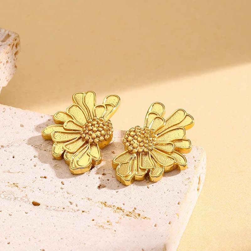 Gold Color Flower Plant Stud and Drop Earrings