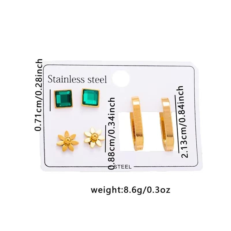 3-Pair Green Zircon Flower Earrings Set