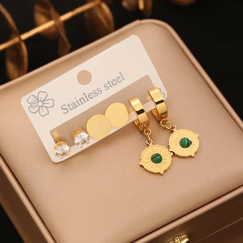 3-Pair Oval Green Stone Butterfly Stud Earring Set