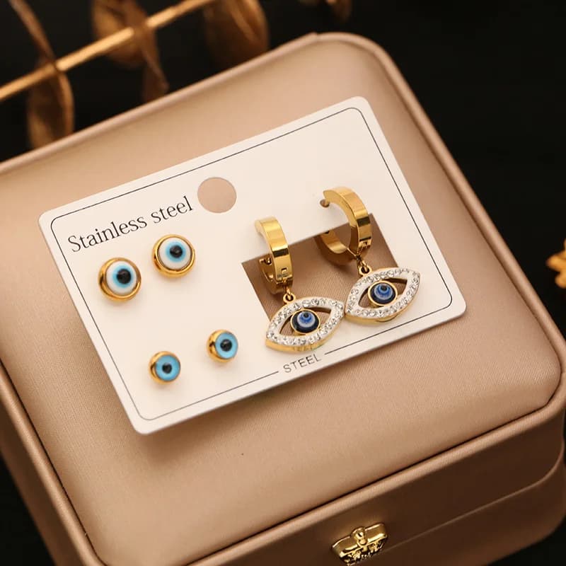 3-Pair Oval Green Stone Butterfly Stud Earring Set
