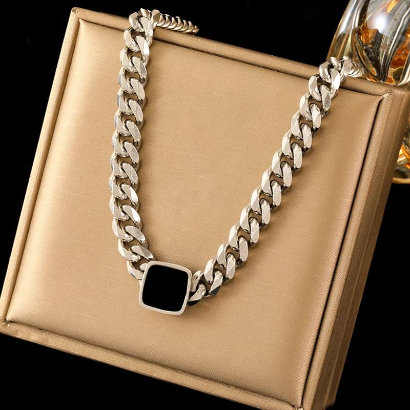 Square Black Stone Gold Color Necklace