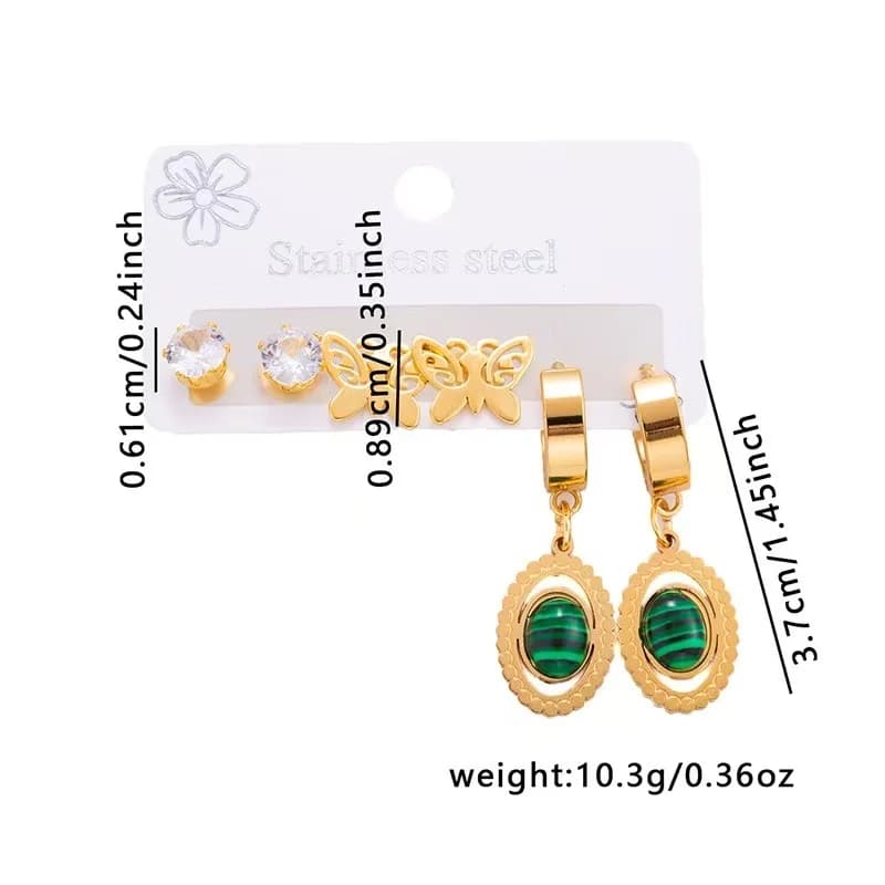 3-Pair Oval Green Stone Butterfly Stud Earring Set