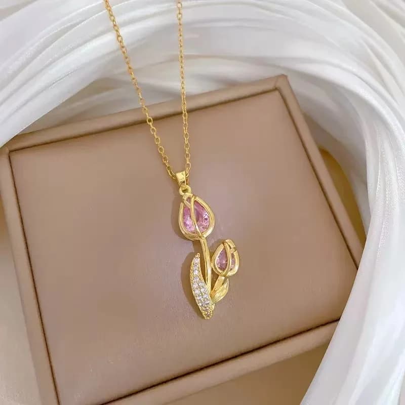 Colorful Cubic Zirconia Pendant Stainless Steel Necklace