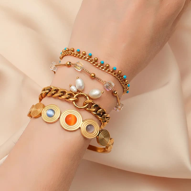 Pulseiras Bangô com Pedras Coloridas Redondas em Aço Inoxidável