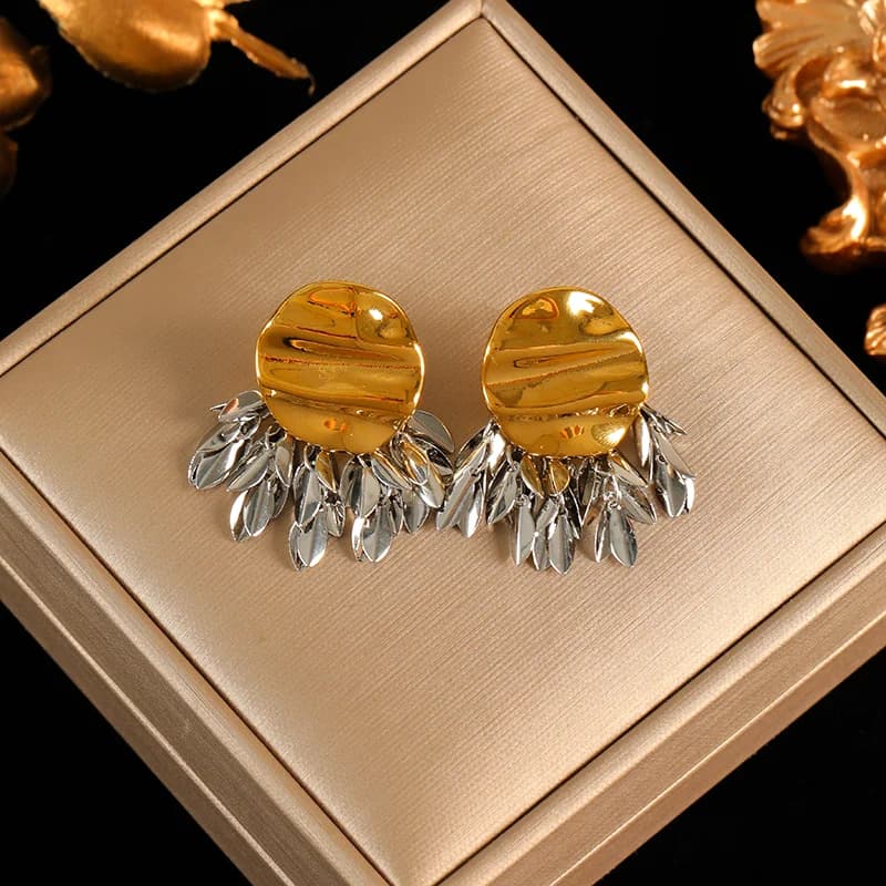 Metal Leaf Tassel Drop Earrings, 18K PVD Plated