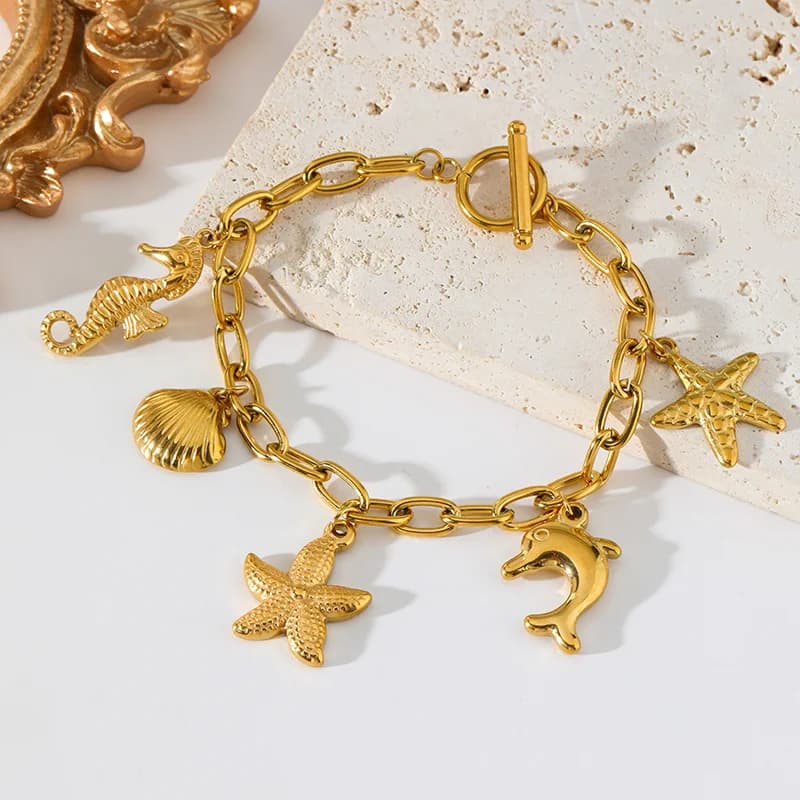 Pulseira Estrela-do-mar Concha Cavalo-marinho Aço Inoxidável