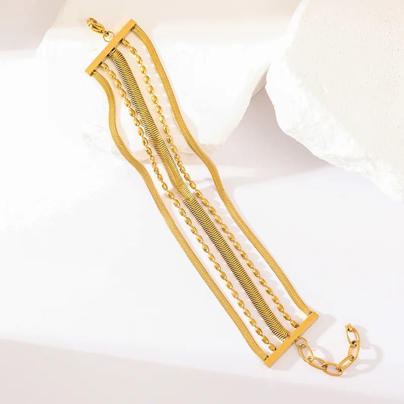 Pulseira Larga Multicamadas de Aço Inoxidável Dourado