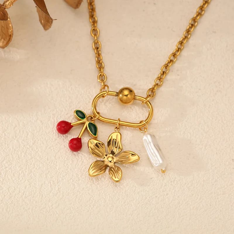 Flower Cherry Pearl Pendant Necklace