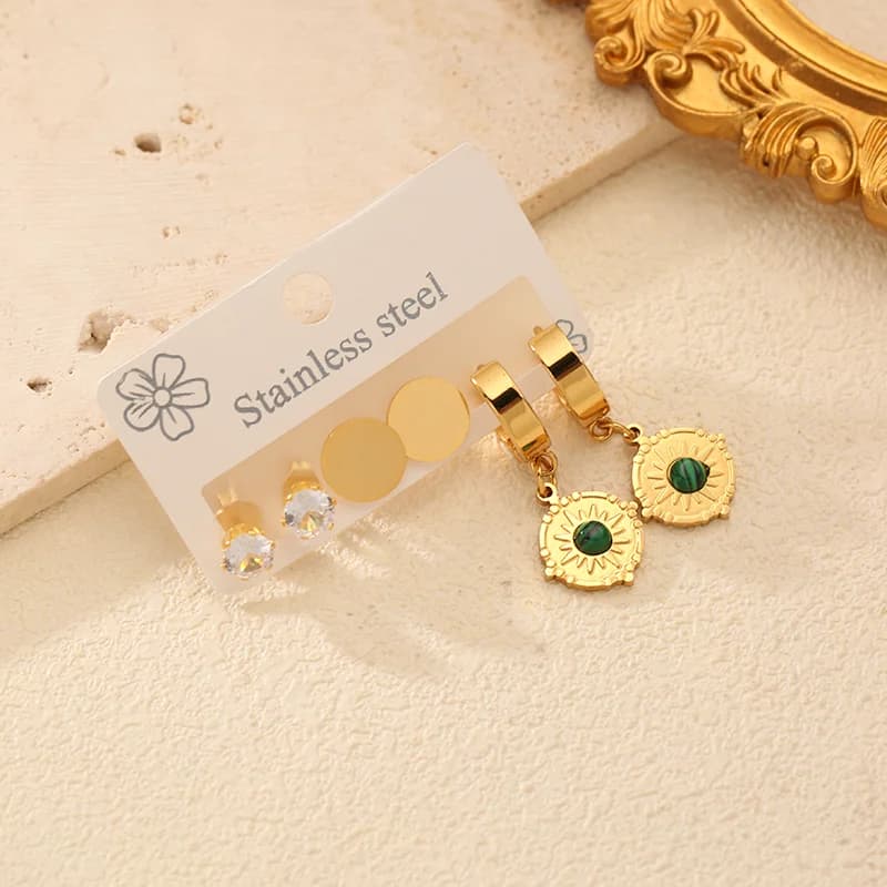 Conjunto de Brincos Pendentes Vintage com Pedra Verde - 3 Pares