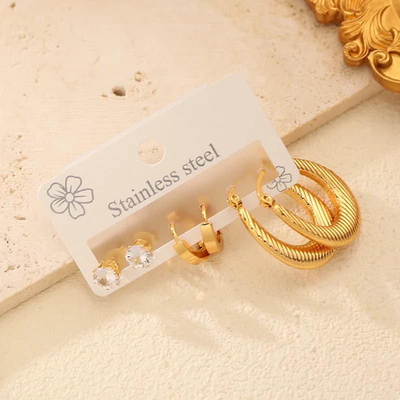3-Pair Gold Color Round Hoop Earrings Set