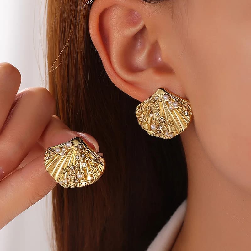 Stainless Steel Starfish Shell Zircon Stud Earrings