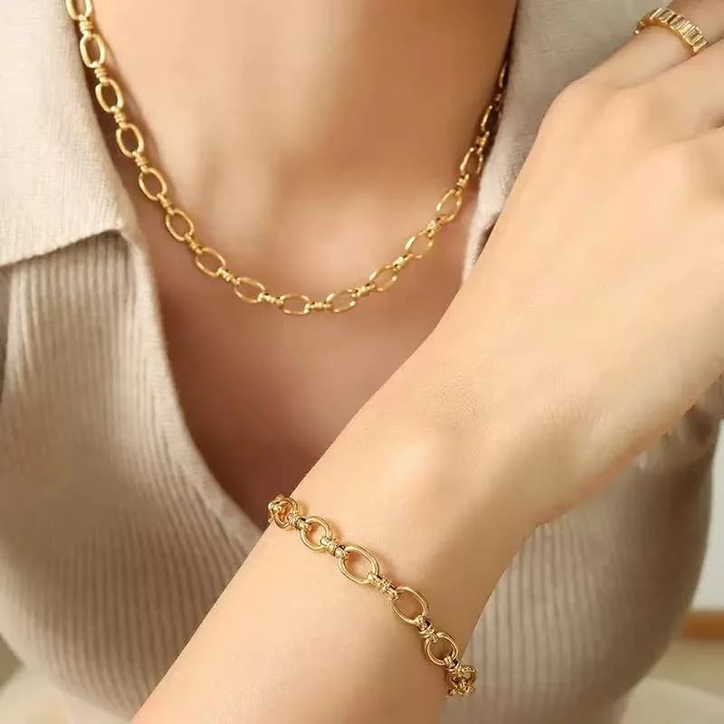 Conjunto de Colar e Pulseira de Corrente Metálica Artesanal