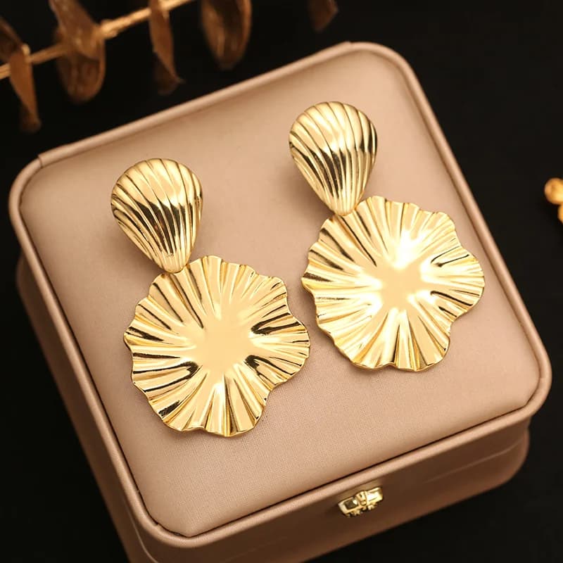 Stainless Steel Pleated Stud Drop Earrings