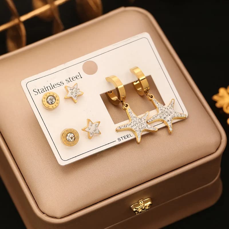 3-Pair Oval Green Stone Butterfly Stud Earring Set