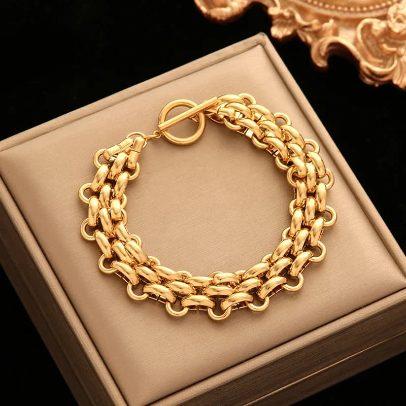 Geometric Thick Chain Bangle, Gold Plated