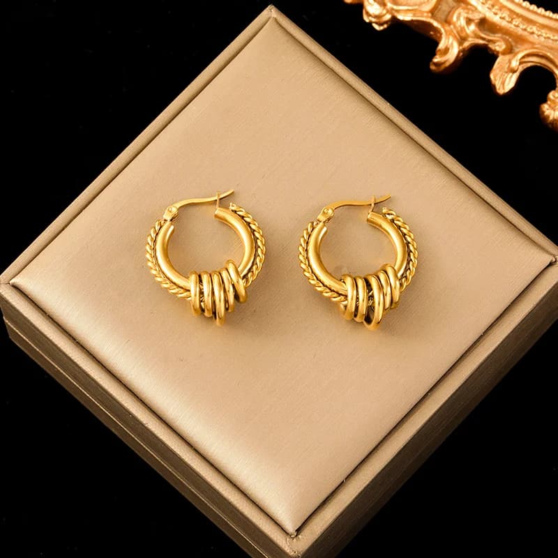 Brincos Aro com Superfície Plissada, Aço Inoxidável Dourado