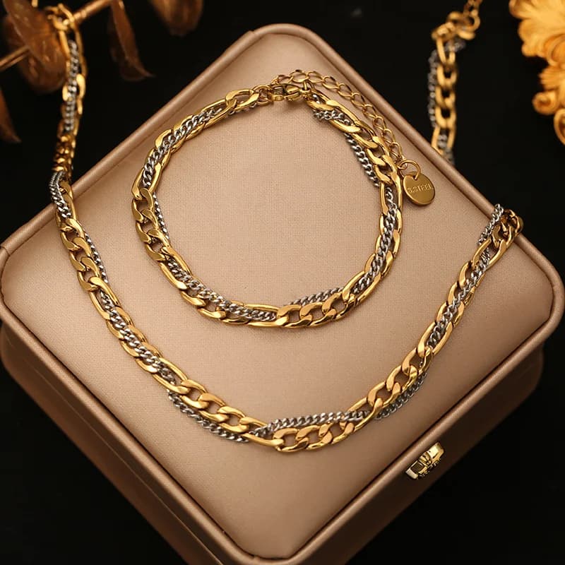 Conjunto Colar e Pulseira de Corrente Bicolor