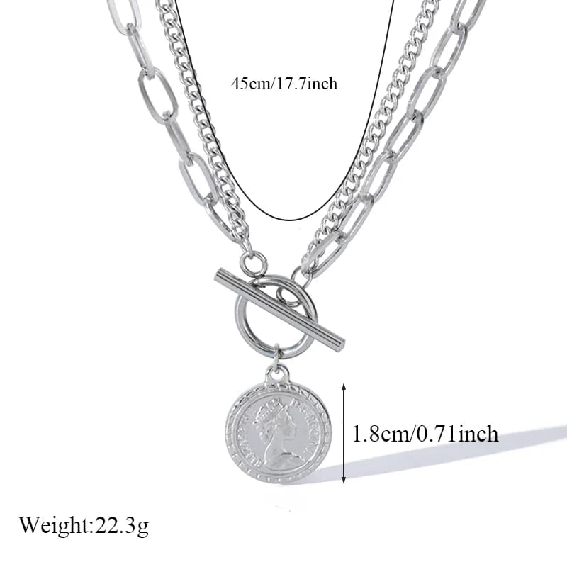 Portrait Coin Pendant Necklace, Silver Tone