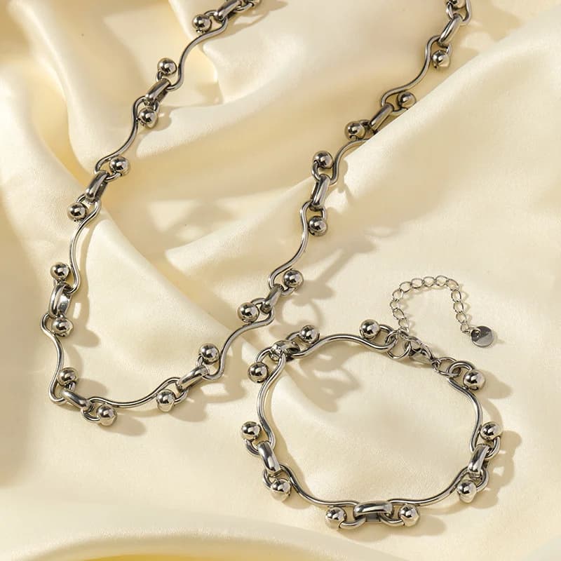 Conjunto de Joias em Aço Inoxidável 316L com Contas Prateadas