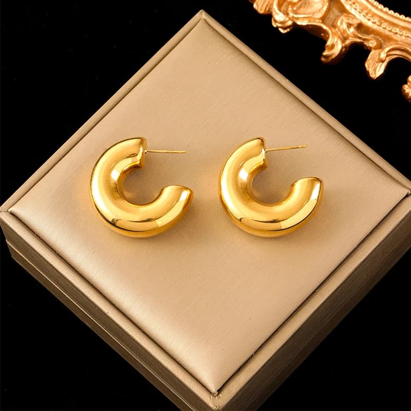 Brincos Aro com Superfície Plissada, Aço Inoxidável Dourado