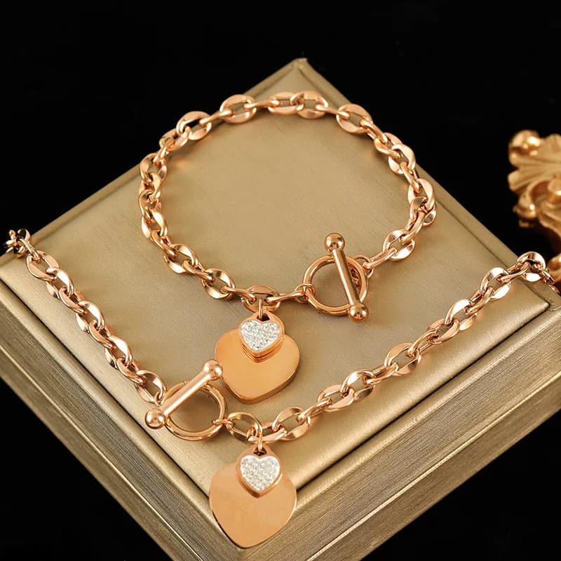 316L Stainless Steel Double Heart Necklace and Bracelet Set