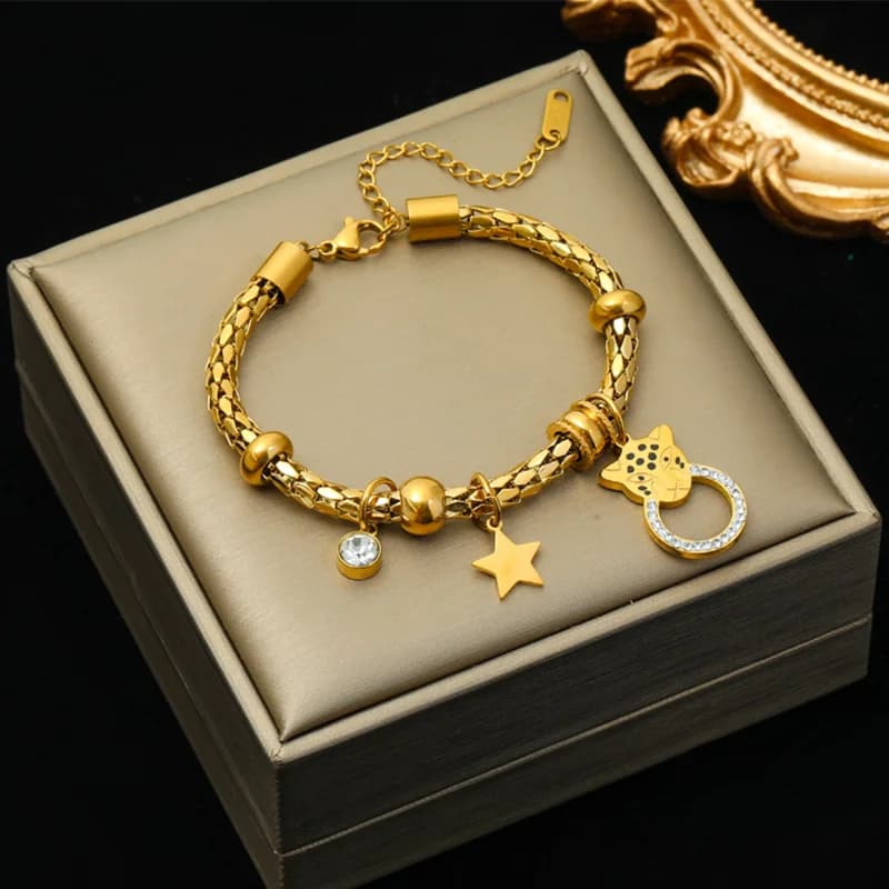 Pulseira com Berloques de Estrela e Leopardo, Corrente Grossa em Aço Inoxidável