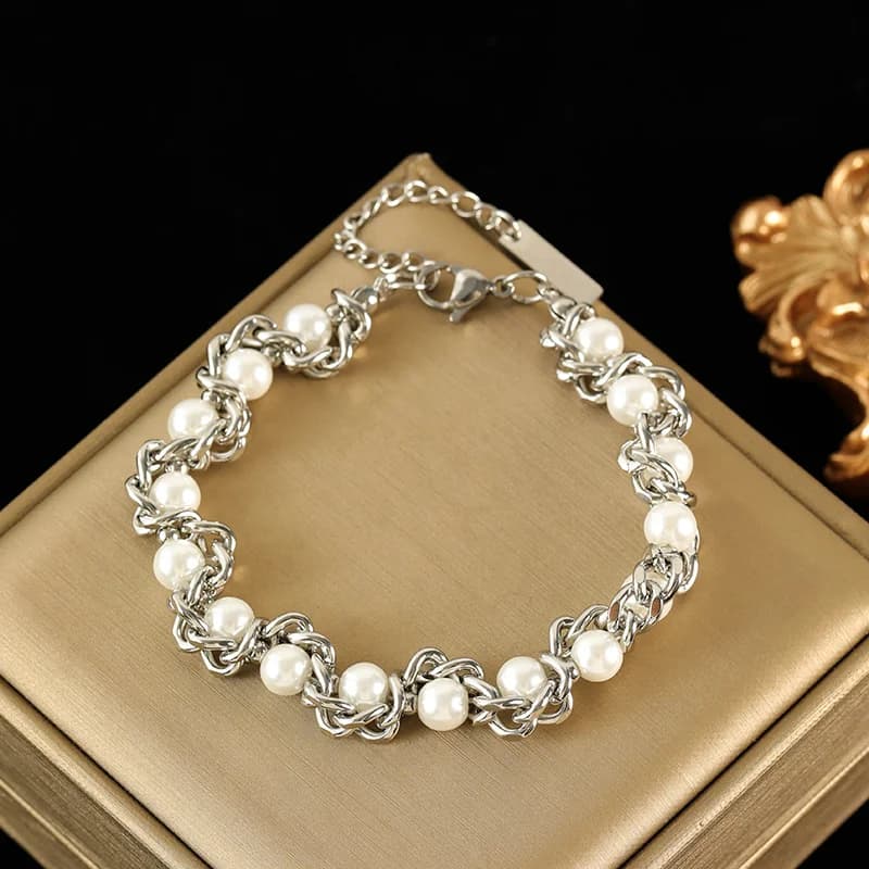 Silver Color Pearl Chain Necklace and Bracelet Set