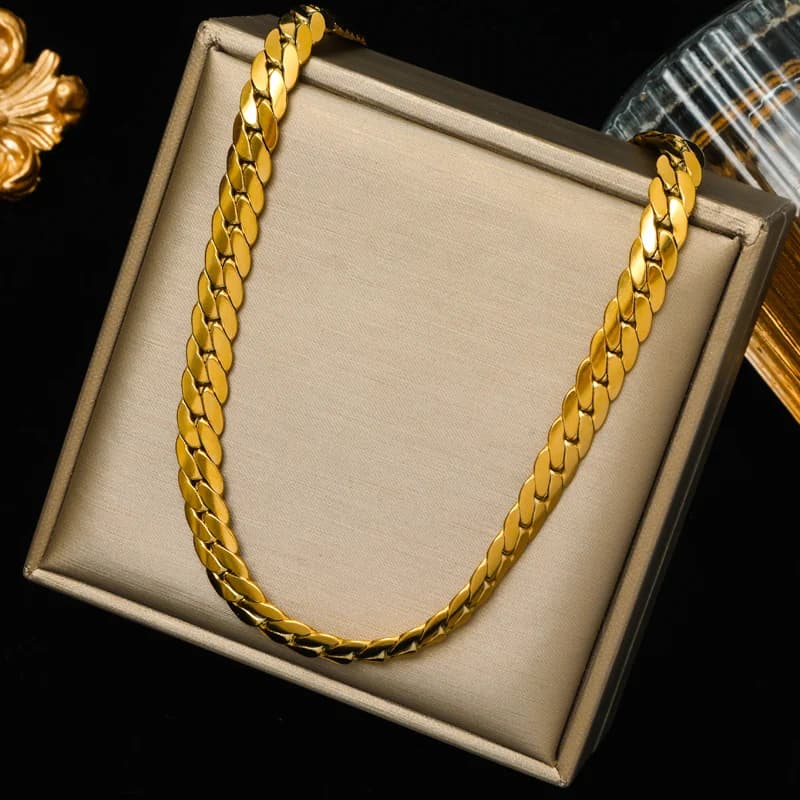 Gold Flat Wide Chain Necklace and Bracelet Set