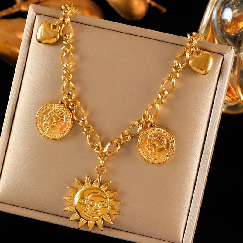 Sun Heart Flower Pendant Necklace, Gold Plated