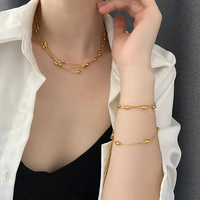 Colar Multicamadas em Aço Inoxidável, Dourado/Prateado
