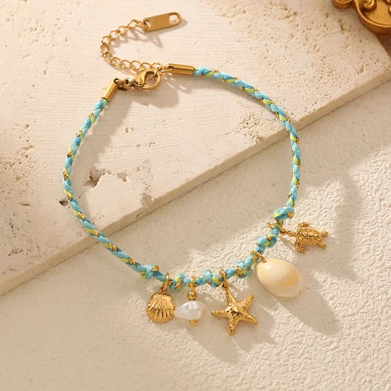 Starfish and Shell Charm Bracelet with Cord Chain