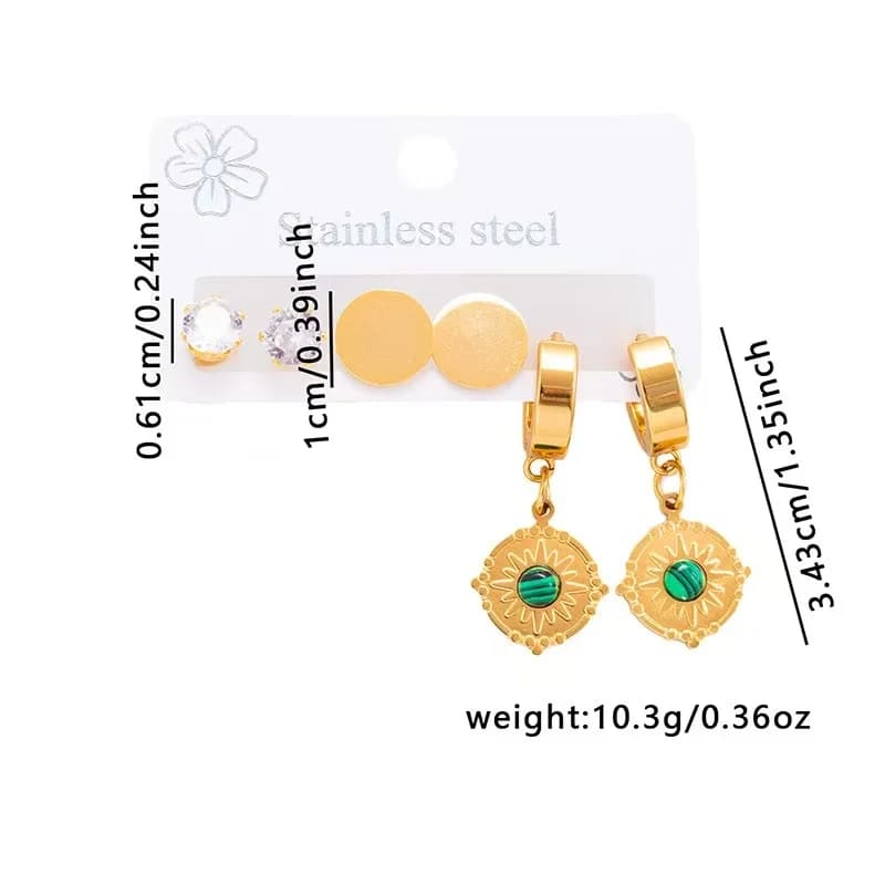 Conjunto de Brincos Pendentes Vintage com Pedra Verde - 3 Pares