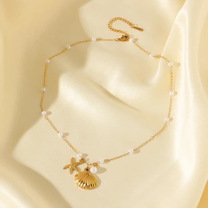 Conjunto de Colar e Brincos Estrela-do-mar e Concha com Pérolas Douradas
