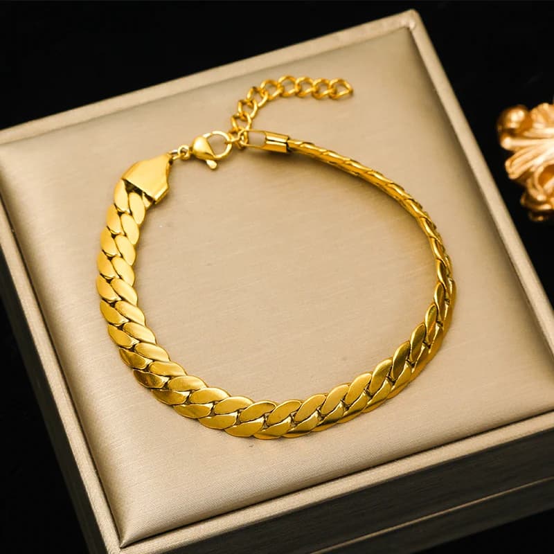 Gold Flat Wide Chain Necklace and Bracelet Set