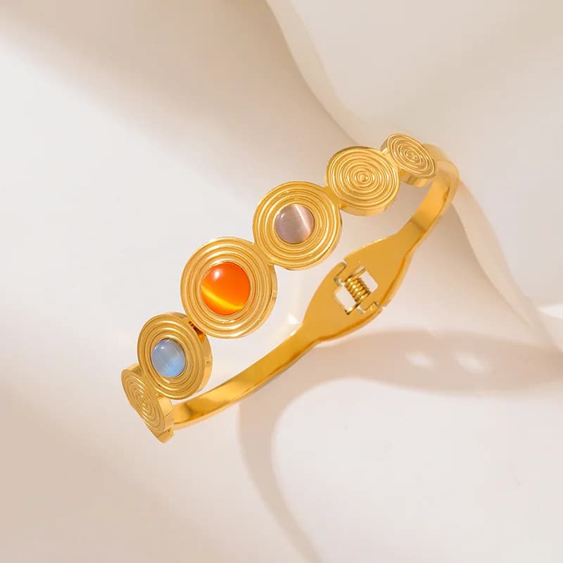 Pulseiras Bangô com Pedras Coloridas Redondas em Aço Inoxidável