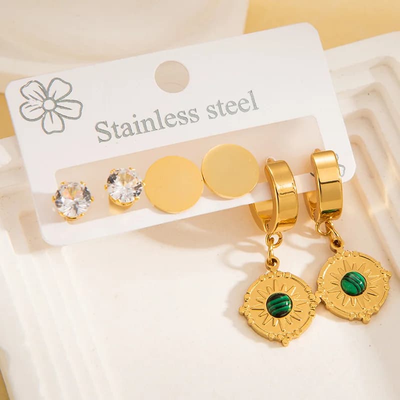 Conjunto de Brincos Pendentes Vintage com Pedra Verde - 3 Pares