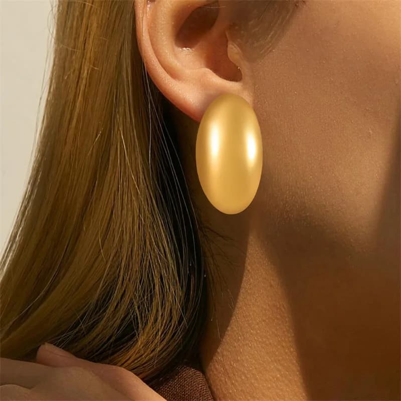Golden Smooth Oval Stud Earrings, Stainless Steel