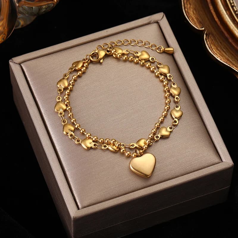 Pulseira com Berloques de Coração e Pérola, Aço Inoxidável